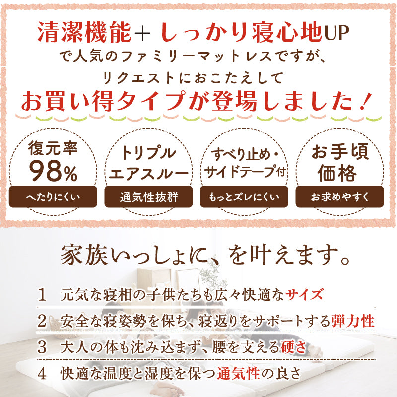 家族で広々!高反発300cmマットレス ファミリーベッド 敷き布団 高反発マットレス 300cm幅 通気性抜群 洗えるカバー 添い寝マットレス 寝返りサポート 滑り止め付き