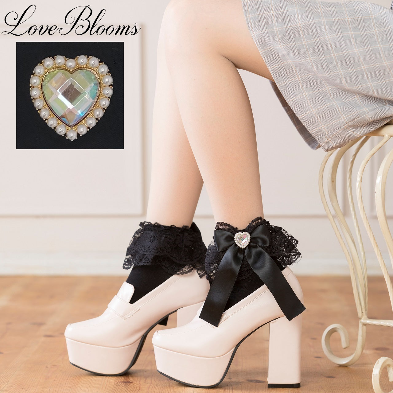 クルーソックス LoveBlooms ラブブルームス レースリボン フリルレース クルーソックス レディース 靴下 量産型 地雷系 ゆめかわいい