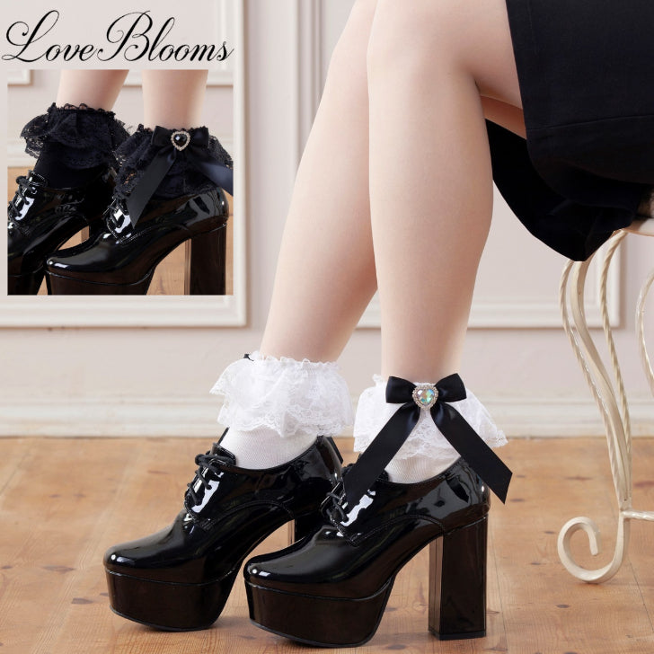 クルーソックス LoveBlooms ラブブルームス ハートビジュー サテンレース リボン フリルレース クルーソックス レディース 靴下 量産型 地雷系
