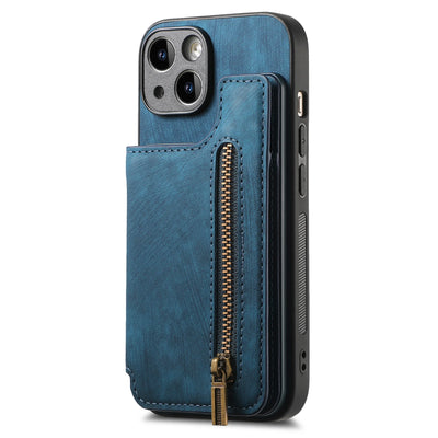 スマホケース<ブルー> iPhone Pro Max Plus SX XR Mini SE / 15 14 13 … iPhone用ジッパー付きレザーウォレットケース 磁気ダブルバックルカバー カードウォレット レザーケース
