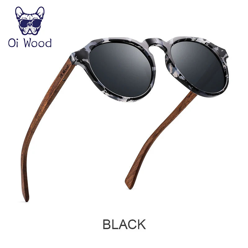 クラシカルな偏光サングラス（Oi Wood GR8048） ウォールナット 木製 ラウンドサングラス ミラーレンズ おしゃれ レディース メンズ ユニセックス UVカット レトロ クラシック