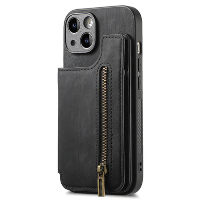 スマホケース<ブラック> iPhone Pro Max Plus SX XR Mini SE / 15 14 13 … iPhone用ジッパー付きレザーウォレットケース 磁気ダブルバックルカバー カードウォレット レザーケース