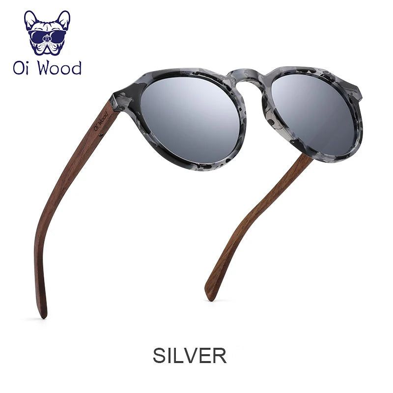 クラシカルな偏光サングラス（Oi Wood GR8048） ウォールナット 木製 ラウンドサングラス ミラーレンズ おしゃれ レディース メンズ ユニセックス UVカット レトロ クラシック