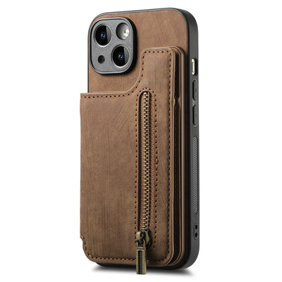 スマホケース<ブラウン> iPhone Pro Max Plus SX XR Mini SE / 15 14 13 … iPhone用ジッパー付きレザーウォレットケース 磁気ダブルバックルカバー カードウォレット レザーケース
