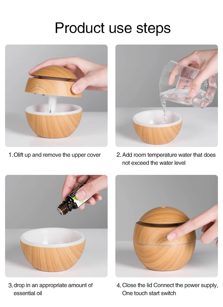 USB超音波アロマディフューザー アロマディフューザー 加湿器 USBタイプ ミニ 静音 木目調 LEDライト 除菌 消臭 エッセンシャルオイル対応