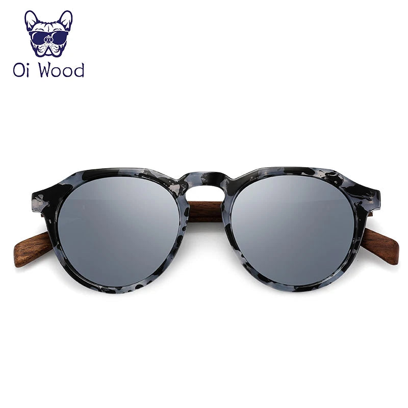 クラシカルな偏光サングラス（Oi Wood GR8048） ウォールナット 木製 ラウンドサングラス ミラーレンズ おしゃれ レディース メンズ ユニセックス UVカット レトロ クラシック